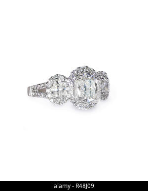 Oval three stone halo Diamond Wedding engagement ring band Stock Photo