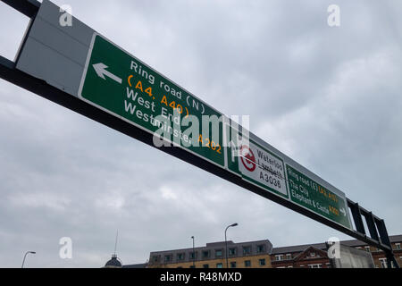 Overhead road direction names sign over main A road at Vauxhall, London, England Stock Photo