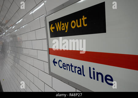 Way Out direction and Central Line sign on the tube Underground in London, England