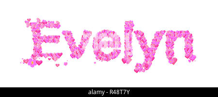 Evelyn female name set with hearts type design Stock Photo