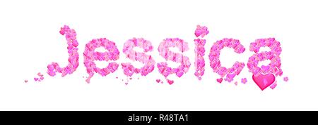 Jessica female name set with hearts type design Stock Photo