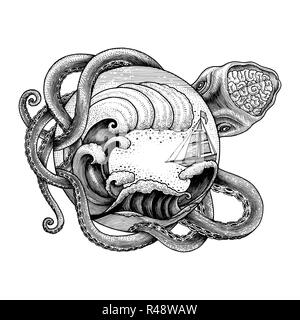 Giant octopus attacking ship and big ocean wave hand drawing vintage engraving illustration for tattoo Stock Vector