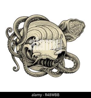 Giant octopus attacking ship and big ocean wave hand drawing vintage engraving illustration for tattoo Stock Vector