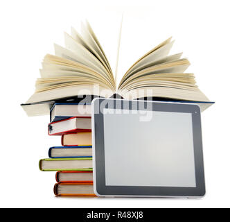 Composition with books and tablet computer isolated on white Stock Photo