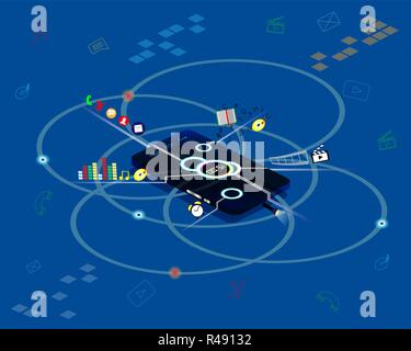 Isometric smartphone with different applications, apps, on-line services, software. Isometric smartphone, mobile phone 3d. Stock Vector