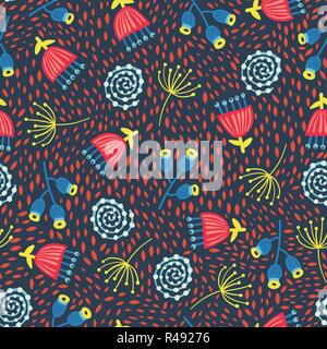 Retro florals seamless vector background. 1960s, 1970s flower design. Red, blue, and yellow flowers Stock Vector