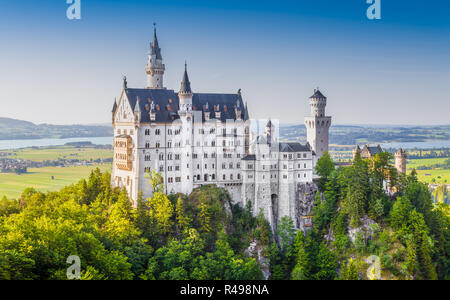Beautiful view of world-famous Neuschwanstein Castle, the 19th century Romanesque Revival palace built for King Ludwig II, in beautiful evening light  Stock Photo