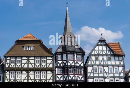 Front of wonderful old half-timbered houses in a village in Fritzlar, in Germany near Kassel in Hesse Stock Photo