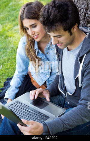 Portrait of young couple at the park using a laptop Stock Photo