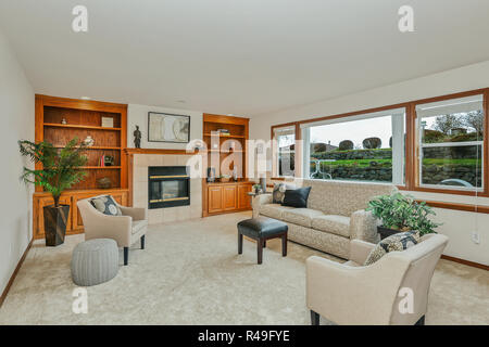 Fireplace And Built In Shelves In Living Room Stock Photo