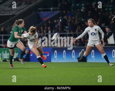 England's Sarah McKenna (L) and Carys Williams are seen in action during the England Women v Ireland Women, Autumn Internationals at the Twickenham in London. ( Final score; England women 37:15 Ireland women) Stock Photo