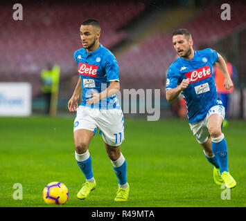 Adam Ounas (L) and Dries Mertens (R) of SSC Napoli are seen in action during the SSC Napoli vs A.C. Chievo Serie A football match at the San Paolo Stadium. (Final score; SSC Napoli 0:0 Chievo ) Stock Photo