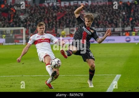 Leverkusen, Deutschland. 24th Nov, 2018. 23.11.2018, BayArena, Leverkusen, GER, 1. FBL, Bayer 04 Leverkusen Vs. VfB Stuttgart, DFL regulations prohibit any use of photographs as picture sequences and/or quasi-video in the picture/picture shows: Tin Jedvaj (Leverkusen # 16), duels versus Andreas Beck (VfB Stuttgart # 32), photo © nordphoto/Meuter | usage worldwide Credit: dpa/Alamy Live News Stock Photo