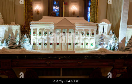 The 2018 White House Christmas decorations, with the theme 'American Treasures' which were personally selected by first lady Melania Trump, are previewed for the press in Washington, DC on Monday, November 26, 2018. The traditional White House gingerbread house on display in the State Dining Room. This year it shows the National Mall with the White House as it's centerpiece. Credit: Ron Sachs/CNP | usage worldwide Stock Photo