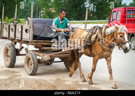 Albanian farmer with horse and cart, Korce, Albania Stock Photo