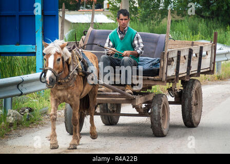 Albanian farmer with horse and cart, Korce, Albania Stock Photo