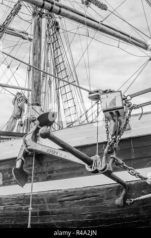 Anchor and rigging of an old sailboat, close-up Stock Photo