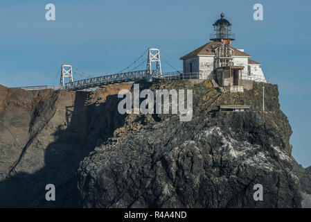 The Point Bonita lighthouse built in 1855 is still active today and is an iconic structure on the west coast in golden gate recreational area. Stock Photo