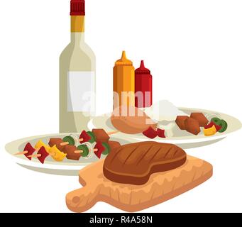 meat beef in wooden board with sauces and wine vector illustration Stock Vector