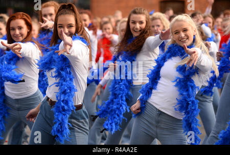 Dancers in Waterloo, London, attempt to set the Guinness World record for 'the world's largest disco dance' to celebrate the launch of Mamma Mia! Here We Go Again on DVD. Stock Photo