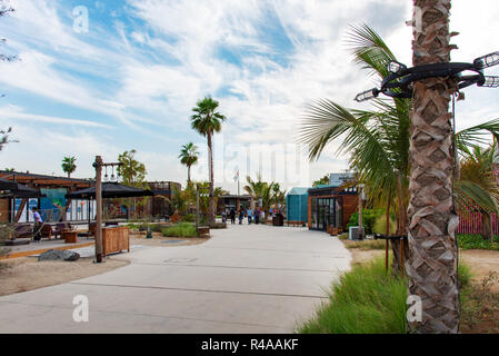 Dubai, United Arab Emirates - November 24, 2018: La Mer beach walking area with many restaurants in coffee bars a famous travel spot in Dubai Stock Photo