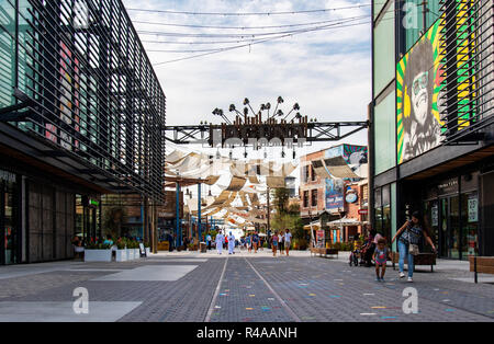 Dubai, United Arab Emirates - November 24, 2018: La Mer beach walking area with many restaurants in coffee bars a famous travel spot in Dubai Stock Photo