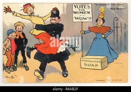 Original Edwardian era comic cartoon postcard (anti-Suffragette theme). The sign reads 'votes for women wow!!', The caption reads 'a thing of the past old dear', cartoon illustration by Tom Browne, England, U.K. posted , dated 1907 Stock Photo