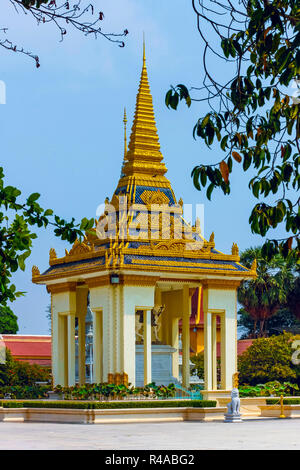 Ornate gazebo for the statue of King Norodom in the Royal Palace's Silver Pagoda complex; City Centre, Phnom Penh, Cambodia Stock Photo