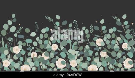 Elegant seamless border from roses and eucalyptus branches. Floral garland. Vector illustration Stock Vector