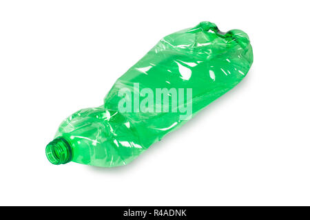 Studio shot of a single crushed water bottle isolated on white - John Gollop Stock Photo