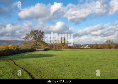 A view across farmland in the Vale of Usk, South Wales. Stock Photo