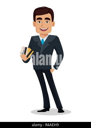 Business man cartoon character in formal suit. Handsome businessman holds credit cards. Manager, banker. Vector illustration Stock Vector