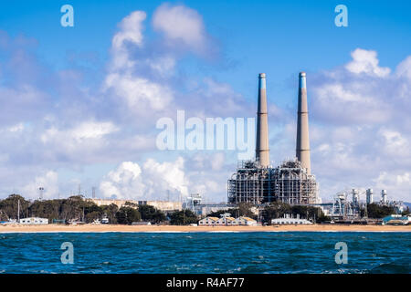 Power generating facilities and other industrial buildings on the Pacific Ocean coastline, Moss Landing, Monterey Bay, California Stock Photo