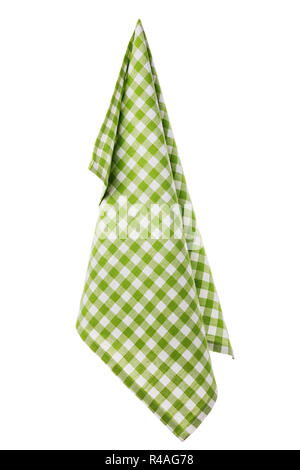Checkered cotton napkin of green and white color, isolated on white background Stock Photo