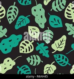 Leaves seamless vector pattern. Leaves in shades of green on a black background. Hand drawn tropical leaves. Jungle leaf. Graphic illustration for wrapping, web backgrounds, wallpaper, fabric Stock Vector