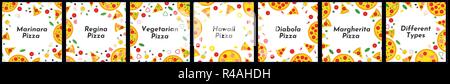 Set of square frames. Different types of pizza. Background for invitations, advertisements, postcards Stock Vector