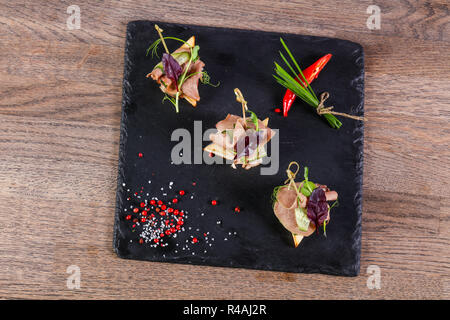 Beef canape served green onion Stock Photo