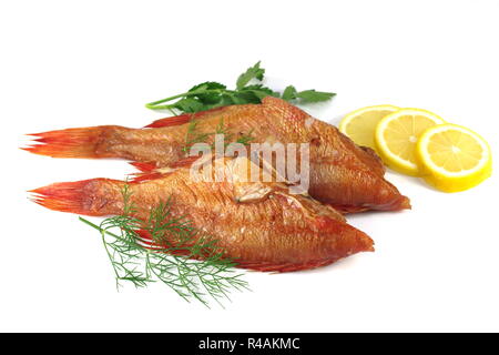 smoked salwater red fish sebastes norvegicus Stock Photo
