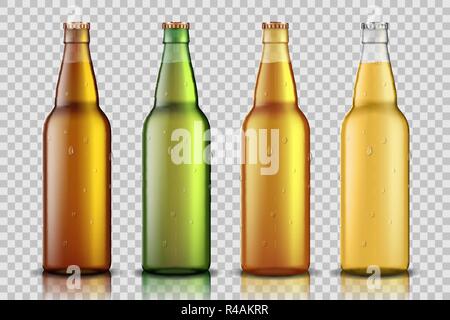 Set of Realistic glass beer bottle with liquid isolated on transparent background. blank beer bottle Mock up template for product package. Vector Stock Vector