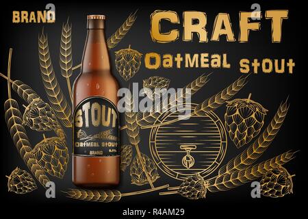 Craft oatmeal stout beer ads. Realistic malt bottle beer isolated on retro background with ingredients wheats, hops and barrel. Vector 3d illustration Stock Vector