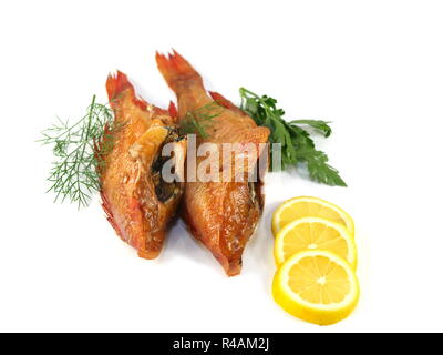 smoked salwater red fish sebastes norvegicus Stock Photo