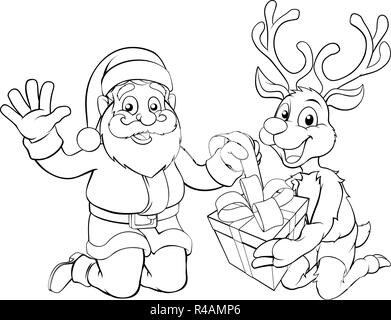 Santa and his Reindeer Opening Christmas Gift Stock Vector