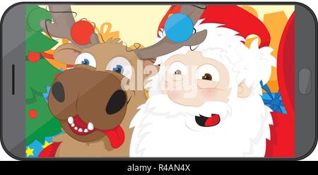 a vector cartoon representing a funny and modern Santa Claus and a funny reindeer taking theirself a selfie and posing in their workshop, in the middl Stock Vector