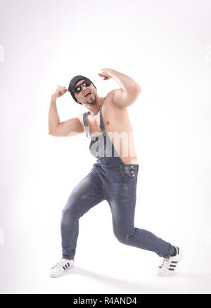 nice man dancing break dance in the Studio .isolated on white Stock Photo