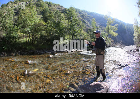 Fly fisherman using flyfishing rod in beautiful river Stock Photo