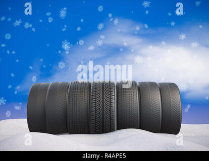 Car tires in the snow against the sky. 3d render Stock Photo