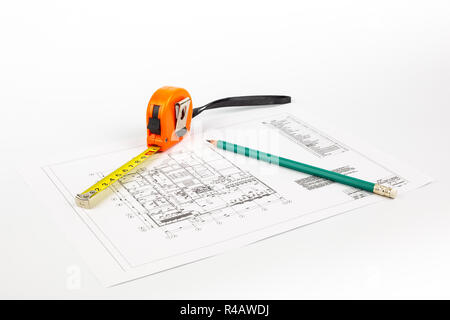 Drawing of the building structure, pencil and tape in bright colors. The concept of design and construction. Stock Photo