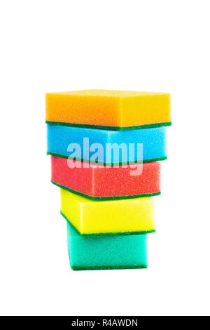 Five sponges for washing dishes stacked, isolated on white background Stock Photo