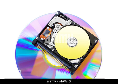 The compact hard disk form factor 1.8" with the lid open, lies on the optical disk. Stock Photo