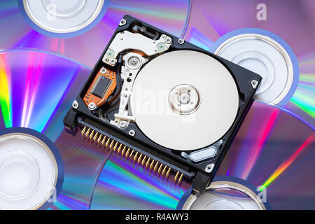 The compact hard disk form factor 1.8 ' with the lid open, lying on a stack of optical disks Stock Photo